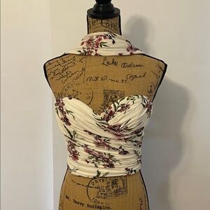 BCBGMaxAzria Cream Floral Ruched Strapless Top